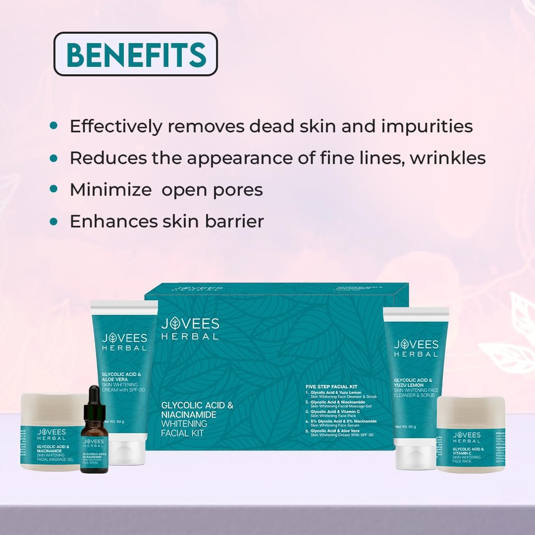 Jovees Herbal Glycolic Acid & Niacinamide Whitening Facial Kit For Brighter & Hydrated Skin | Kit for Improves Uneven Skin Tone, Dark Spots & Dullness 215g (Multiple Use) thumbnail