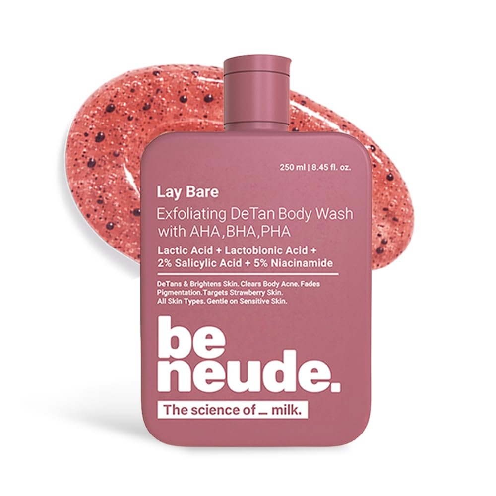 Be Neude Lay Bare Exfoliating DeTan Body Wash with AHA BHA PHA, 2% Salicylic Acid, 5% Niacinamide, Deep Cleansing and Brightening Body Wash for Glowing Skin, 250ml