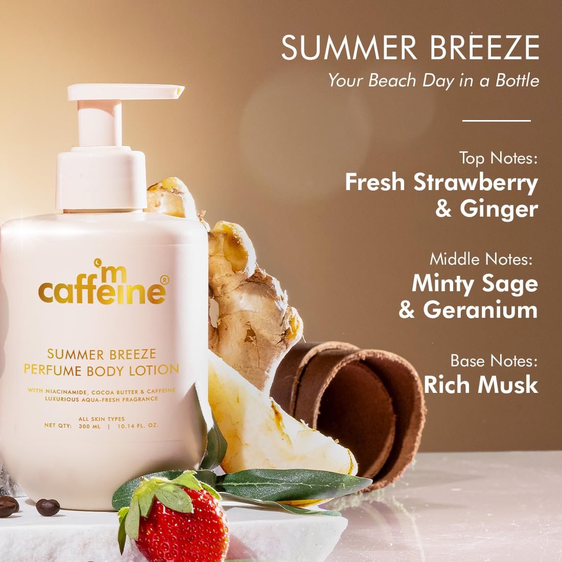 mCaffeine Summer Breeze Perfume Body Lotion 300ml| Niacinamide, Cocoa & Shea Butter For Deep Moisturization |   Aqua-Fresh Beachy Fragrance | Summer Body Cream for Dry Skin thumbnail