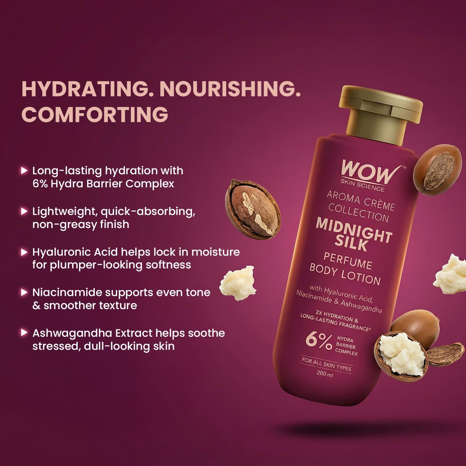 WOW Skin Science Midnight Silk Perfume Body Lotion | Aroma Crème Collection | 6% Hydra Barrier Complex with Hyaluronic Acid, Niacinamide & Ashwagandha | 200ml thumbnail