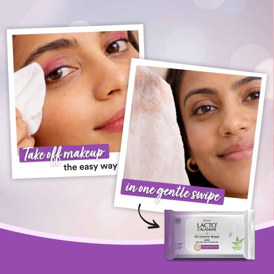 Lacto Calamine Oil Control Face Wipes 30N each- Pack of 3 | Makeup Remover Wipes | Wet Tissue for Face With Neem, Aloe Vera & Niacinamide | thumbnail