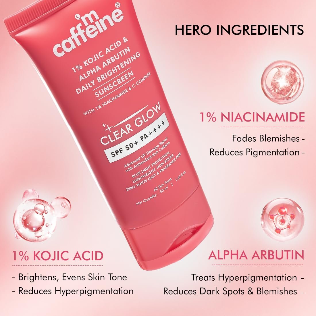 mCaffeine CLEAR GLOW 1% Kojic Acid & Alpha Arbutin Brightening Sunscreen SPF 50 PA++++ |Niacinamide-Dark Spots & Pigmentation| UVA-B Sun Protection|For Men & Women - 50ml thumbnail
