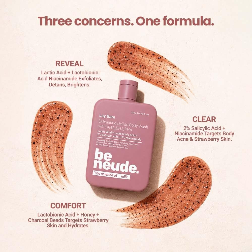 Be Neude Lay Bare Exfoliating DeTan Body Wash with AHA BHA PHA, 2% Salicylic Acid, 5% Niacinamide, Deep Cleansing and Brightening Body Wash for Glowing Skin, 250ml thumbnail