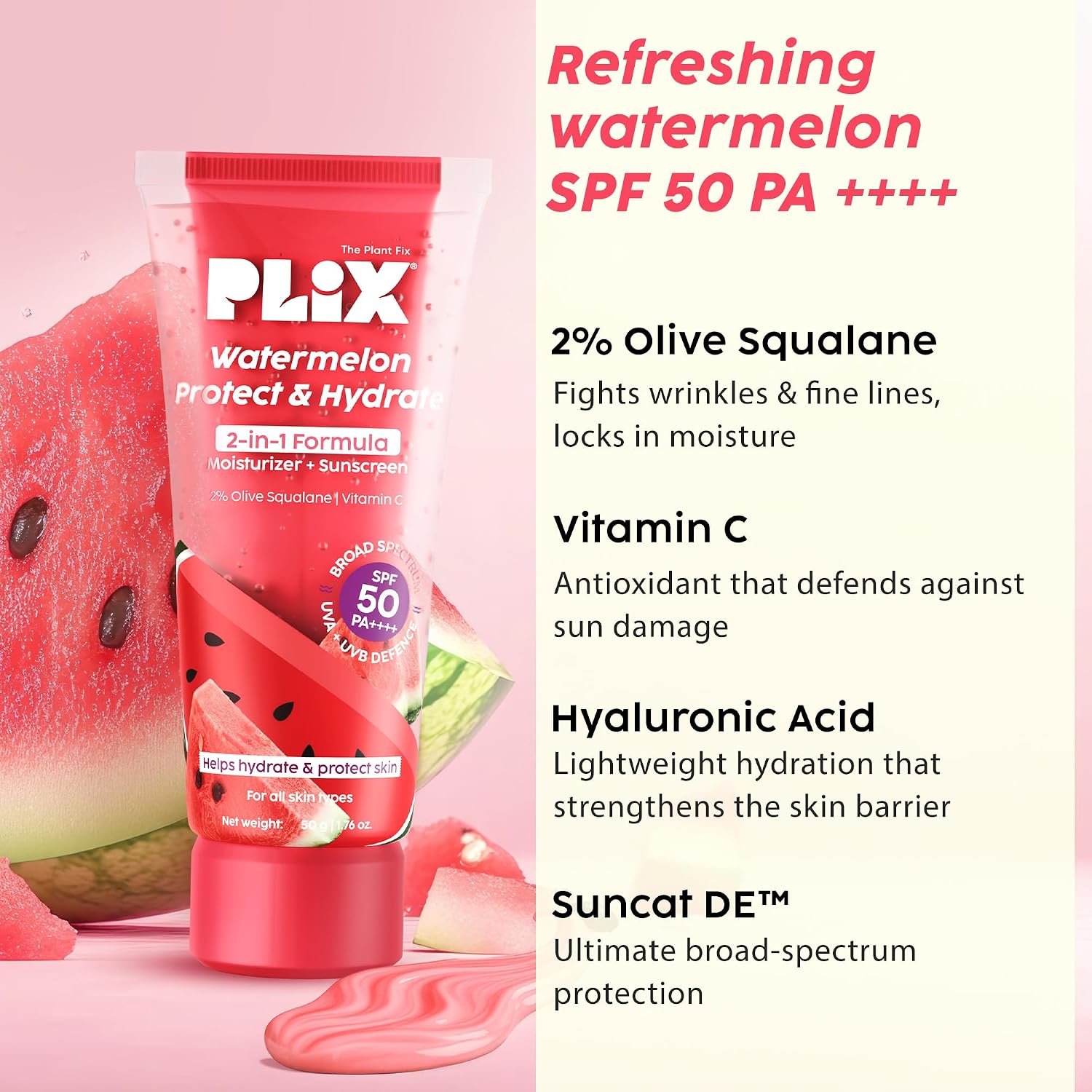 PLIX THE PLANT FIX Watermelon Protect & Hydrate 2-in-1 Formula | In Vivo Tested SPF 50 PA++++ | Moisturizer + Sunscreen | Lightweight, No White Cast thumbnail