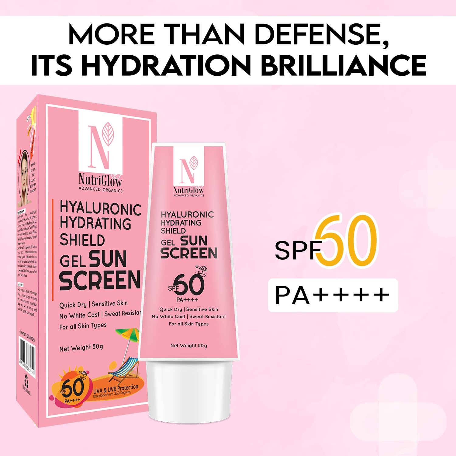 NutriGlow Advanced Organics Hyaluronic Hydrating Shield Gel Sunscreen with SPF60, PA++++ 50g thumbnail