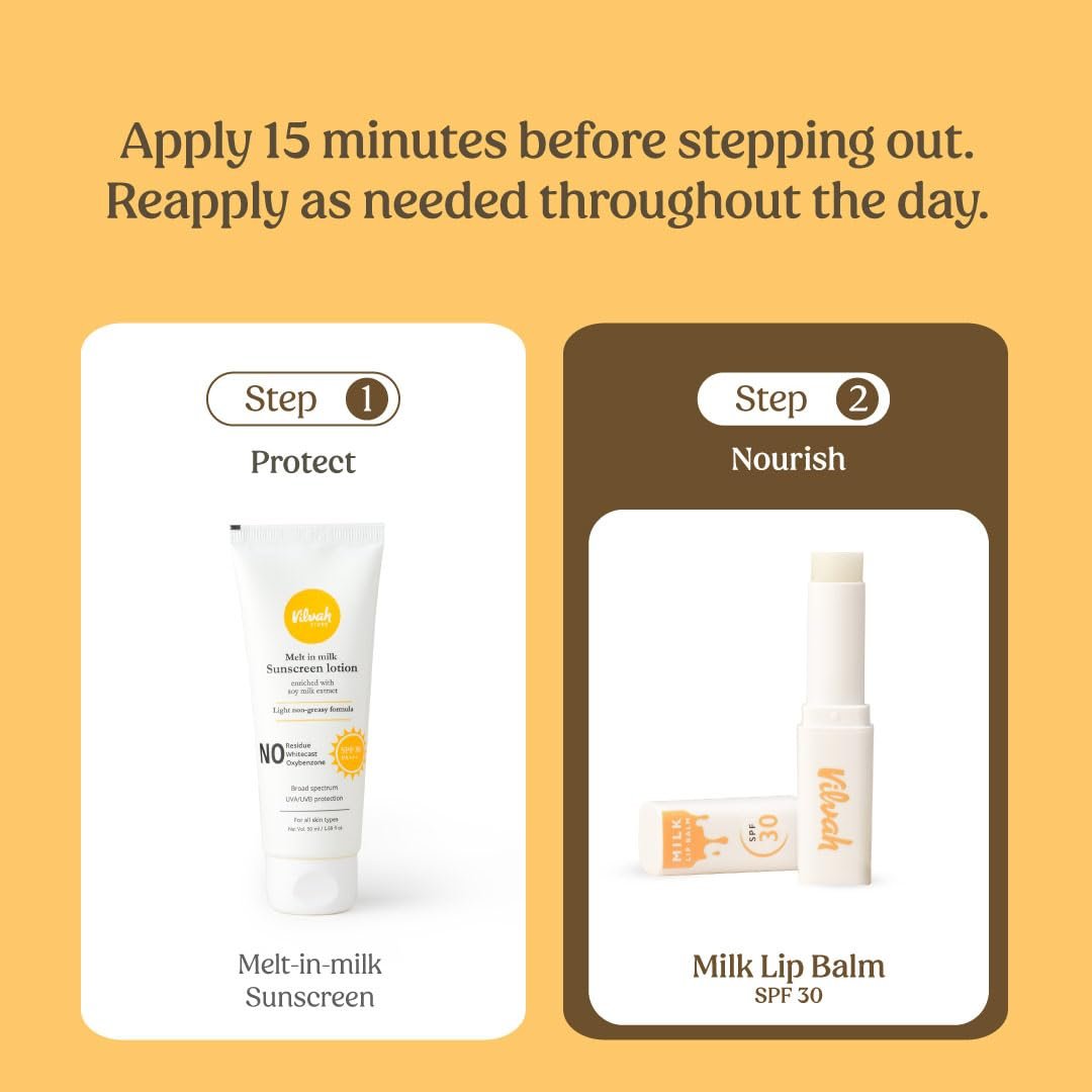 Vilvah Milk Lip Balm SPF 30 | Non-Tinted Lip Balm with Broad Spectrum UVA & UVB Protection | Intense Moisturisation & Barrier Repair | Mineral UV Filters, Soy Milk & Vitamin E | thumbnail