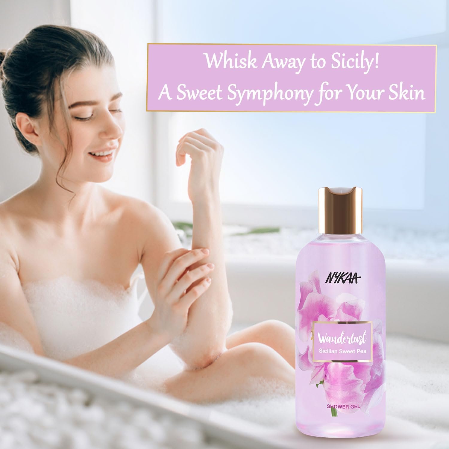 Nykaa Wanderlust Bath and Body Sicilian Sweet Pea Shower Gel,300 Ml|Nourishes & Hydrates|Gentle Cleanser|Sweet Smell |Enriched With Aloe Vera|Paraben-Free,Vegan| thumbnail