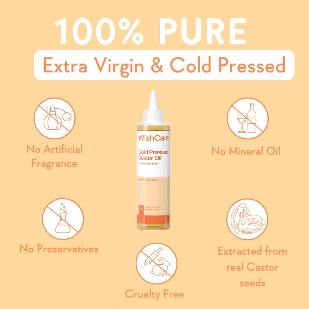 WishCare Cold-Pressed Castor Oil | 100% Natural Virgin Grade Oil for Hair, Skin, Nails & Eyelashes | Nourishing & Moisturizing Care | 200ml thumbnail
