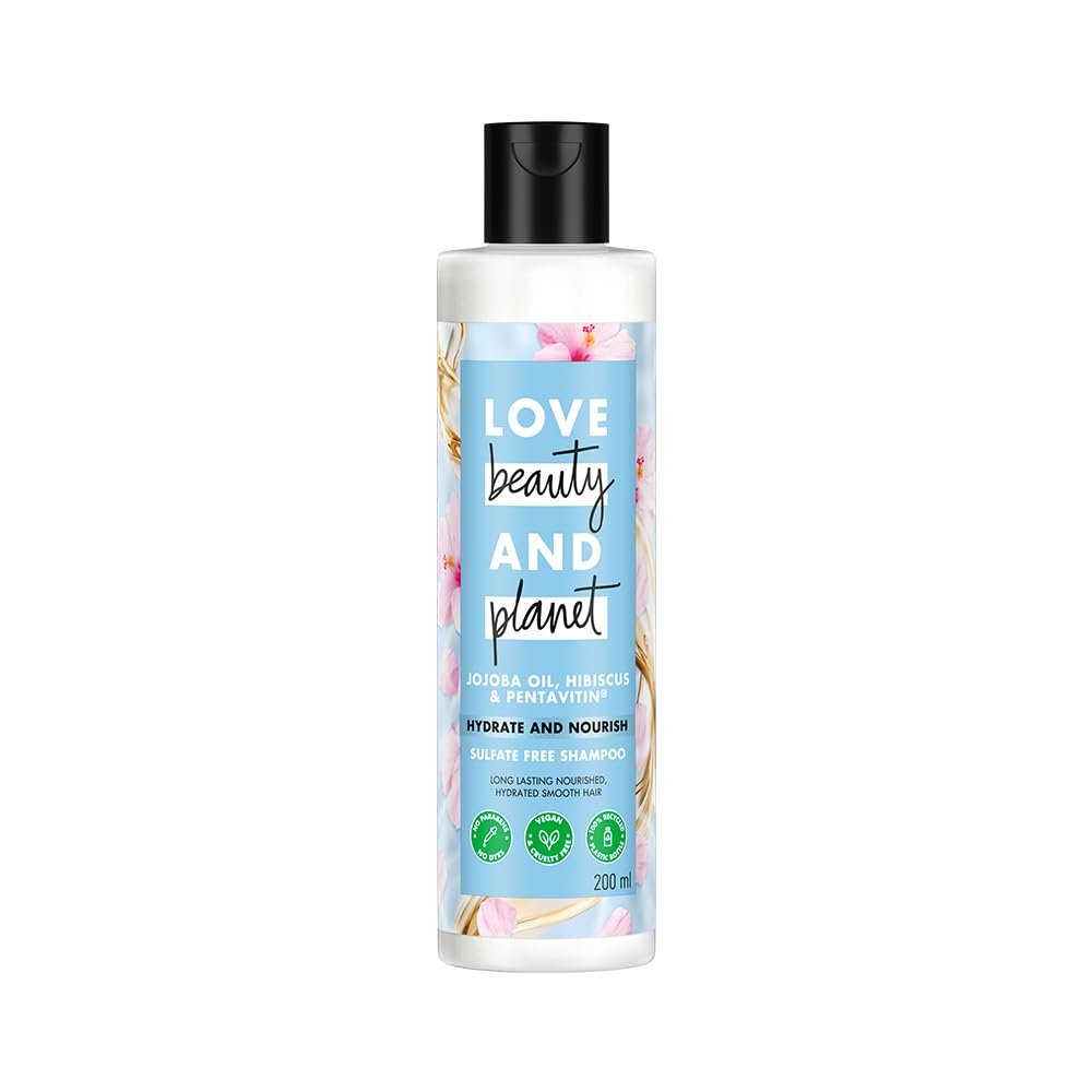 Love Beauty & Planet Jojoba Oil, Hibiscus & Pentavitin Hydrate & Nourish Shampoo | Sulfate-Free Hair Cleanser for Hydrated, Soft, Smooth & Healthy-Looking Hair | 200ml