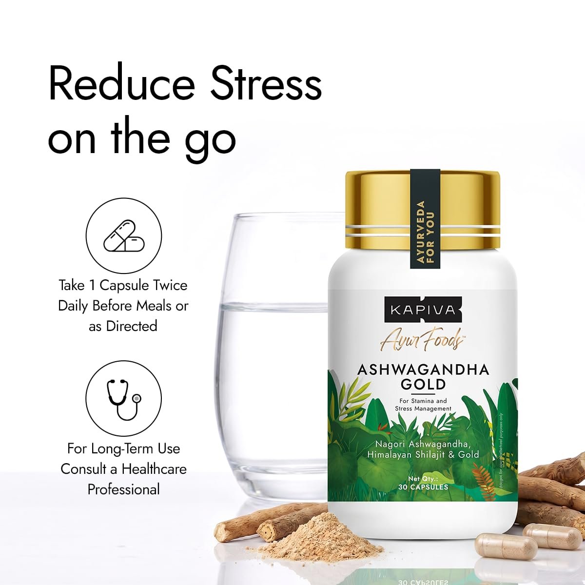 Kapiva Ashwagandha Gold Capsules, 183rd day harvested Potent Nagori Ashwagandha With Gold, Shilajit | Helps in Stress Management, Improve Energy and Stamina | For Men & Women (30 Capsules) thumbnail