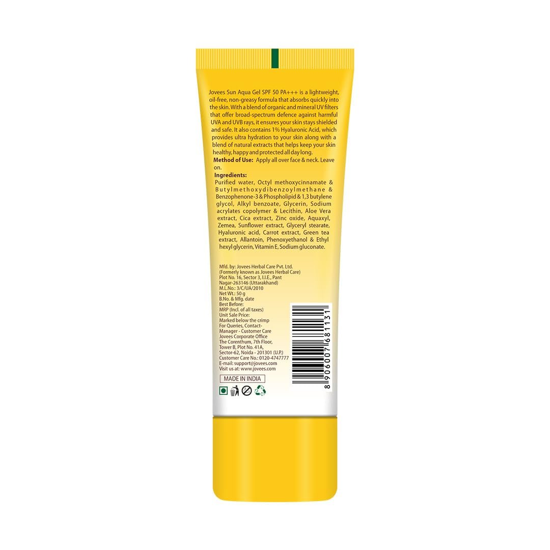 Jovees Herbal Sun Aqua Gel Sunscreen SPF 50 PA+++ | Lightweight, Water-Like Texture | 1% Hyaluronic Acid | Non-Greasy, No White Cast | Perfect for Oily & Combination Skin | 50g thumbnail