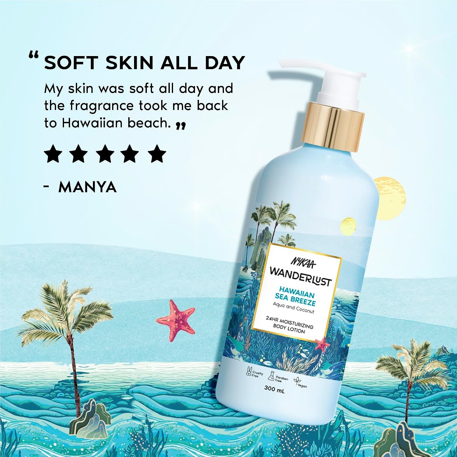 Nykaa Wanderlust Hawaiin Sea Breeze Moisturising Body Lotion, 300 ml | Fresh aqua and coconut Perfume | Lightweight, Long-Lasting Hydration | Vegan, Paraben-Free I Mango and Peony fragrance thumbnail