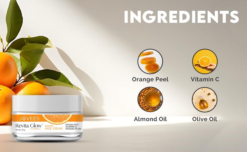 Jovees Herbal Revita Glow Vitamin C Cream Infused with Almond & Kakadu Plum | Reduces Dark Spots, Hyperpigmentation & Fine Line Apperances | For All Skin Type 50G thumbnail