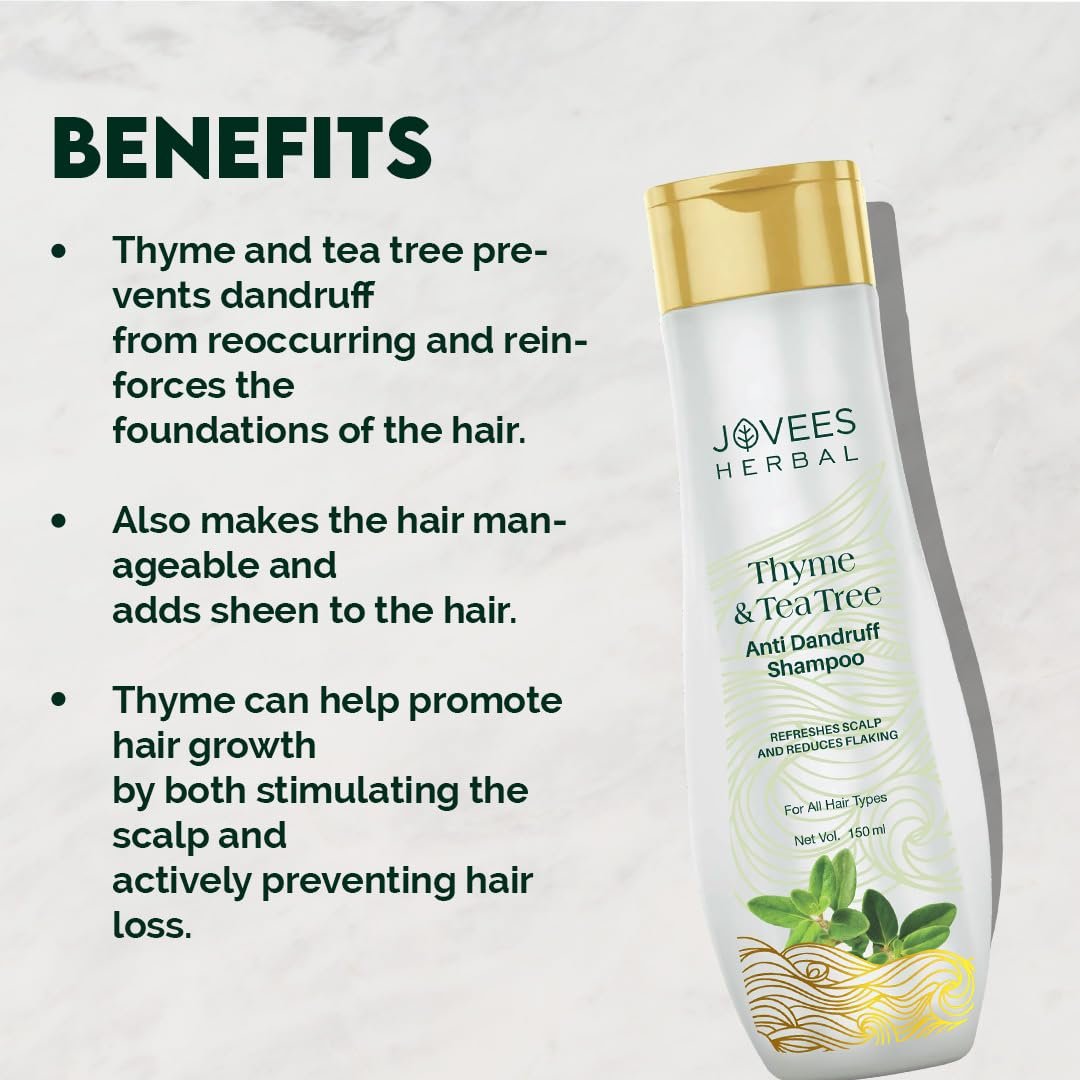 Jovees Herbal Thyme & Tea Tree Anti Dandruff Shampoo | With Tea Tree, Thyme & Lemon Extract | For All Hair Type | Prevents Dandruff & Dry Scalp | For Men & Women- 150ml thumbnail