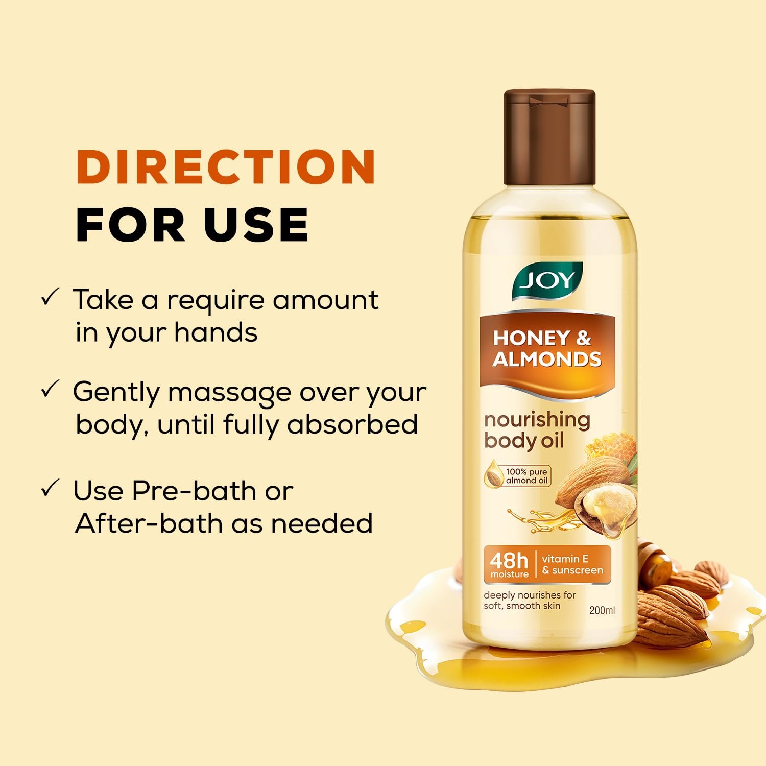 Joy Honey & Almonds Body Oil – After-Bath Daily-Use Badam Massage Oil with Vitamin E & Sunscreen | Full-Body Relaxation, Dry-Skin & Moisture | 200 ml thumbnail