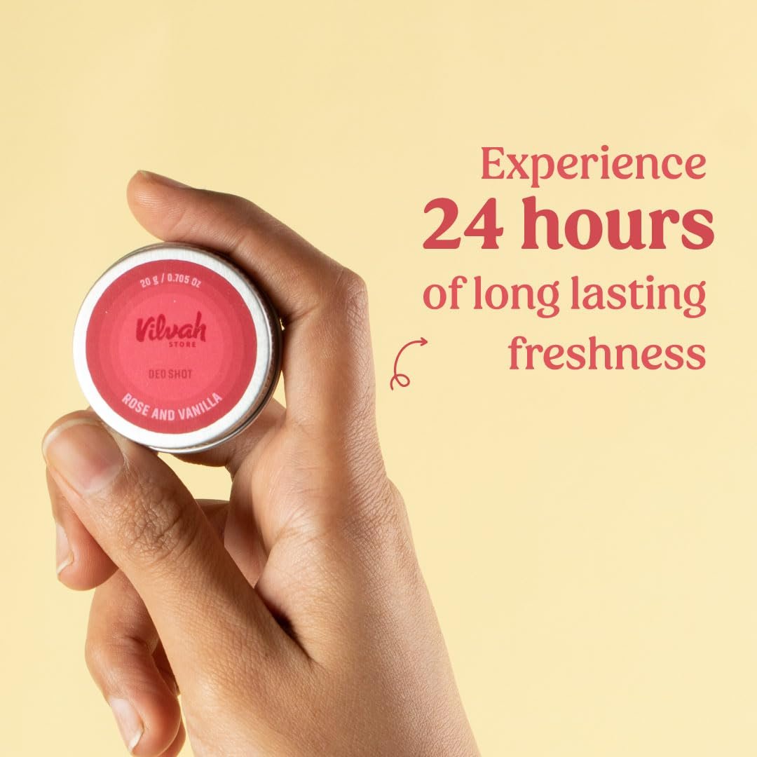 Vilvah Rose & Vanilla Deo Shot | Natural Underarm Deodorant for Odour Control & Dark Underarms | Absorbs Odour, Soothes Skin & Refreshes with Natural Fragrance | 20g thumbnail