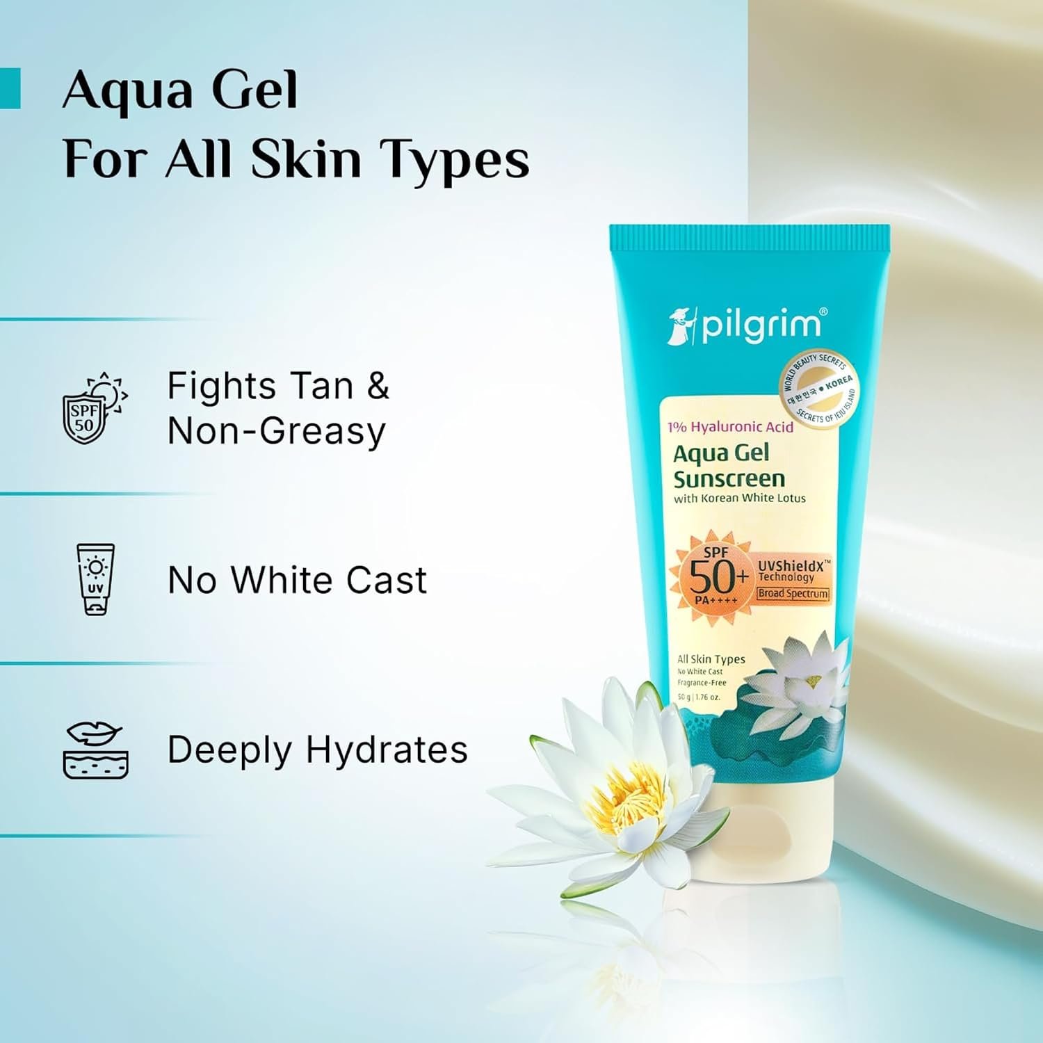 Pilgrim 1% Hyaluronic Acid Sunscreen Gel | Sunscreen SPF 50 +++ for men and women with Korean White Lotus | Broad spectrum, Non-greasy, No white cast & Prevents Tanning | 50ml thumbnail