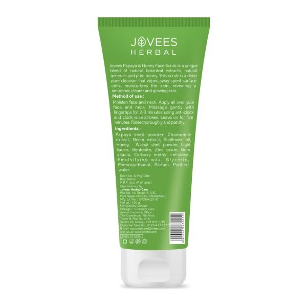 Jovees Herbal Papaya & honey Face Scrub | With Honey,Neem & Chamomile Extract | For Normal to Dry Skin | Gently Remove Dead Skin | Improves Uneven Skin Tone | Paraben And Alcohol Free | 100g thumbnail