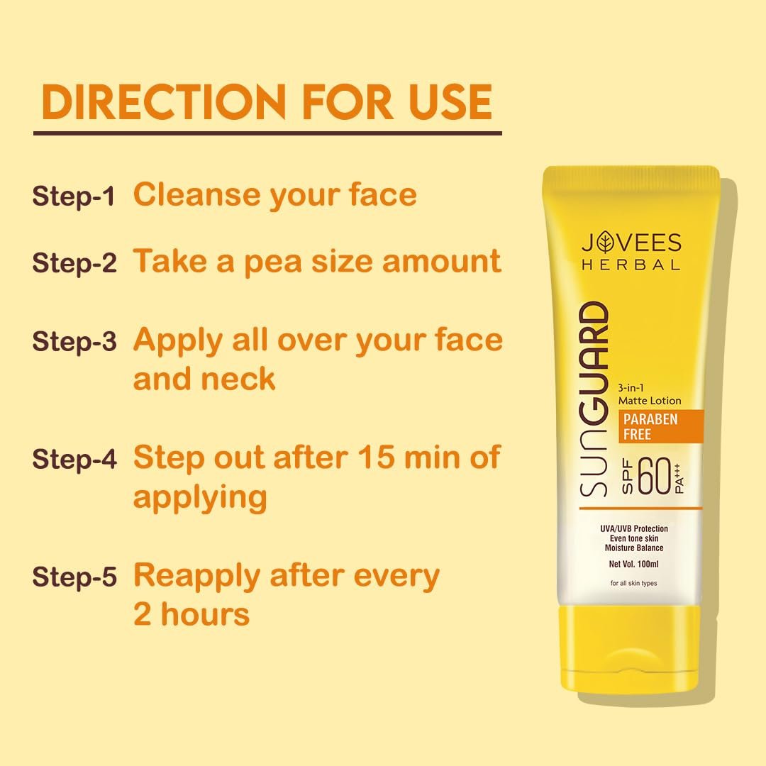 Jovees Herbal Sun Guard Sunscreen Lotion SPF 60 Pa+++ Broad Spectrum For All Skin | 3 In 1 Matte Sunscreen Lotion UVA/UVB Protection, Moisture Balance, Even Tone Skin | For Women & Men 100g thumbnail