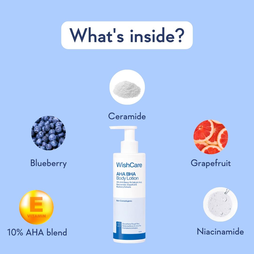 WishCare AHA BHA Body Lotion For Dry Skin | Provides Deep Hydration, Detans & Smooths Rough Skin | With 10% AHA & 1% BHA | Daily Use Body Lotion For Women & Men | 200ml thumbnail