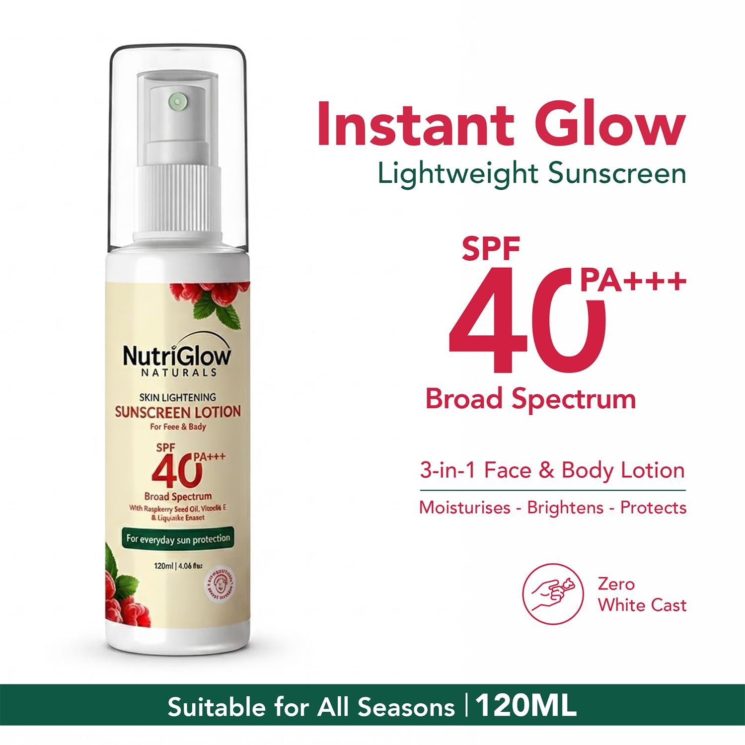 NutriGlow Naturals Skin Lightening Body Sunscreen Lotion for Face & Body 120ml thumbnail