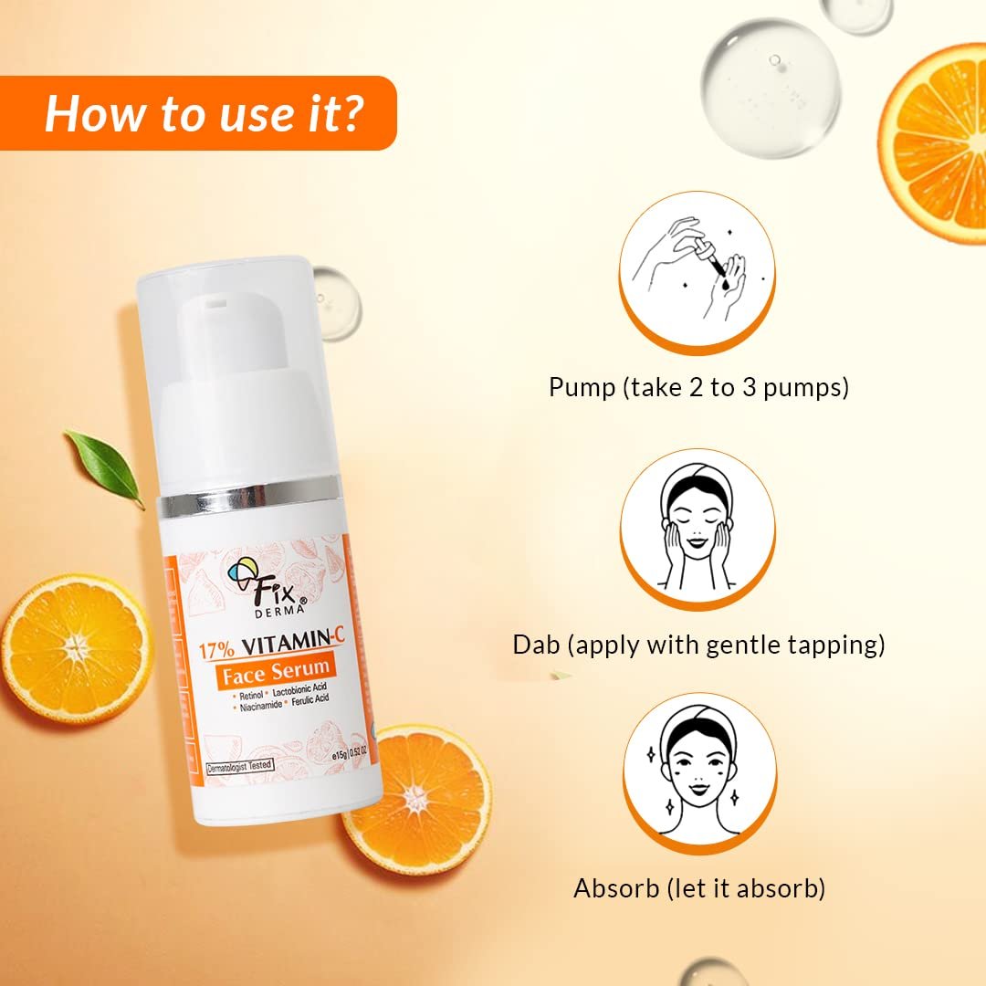 Fixderma 17% Vitamin C Face Serum for Glowing Skin | Retinol | Skin Brightening Vit C Serum for Women and Men | Anti Aging Night | Niacinamide - 15g thumbnail