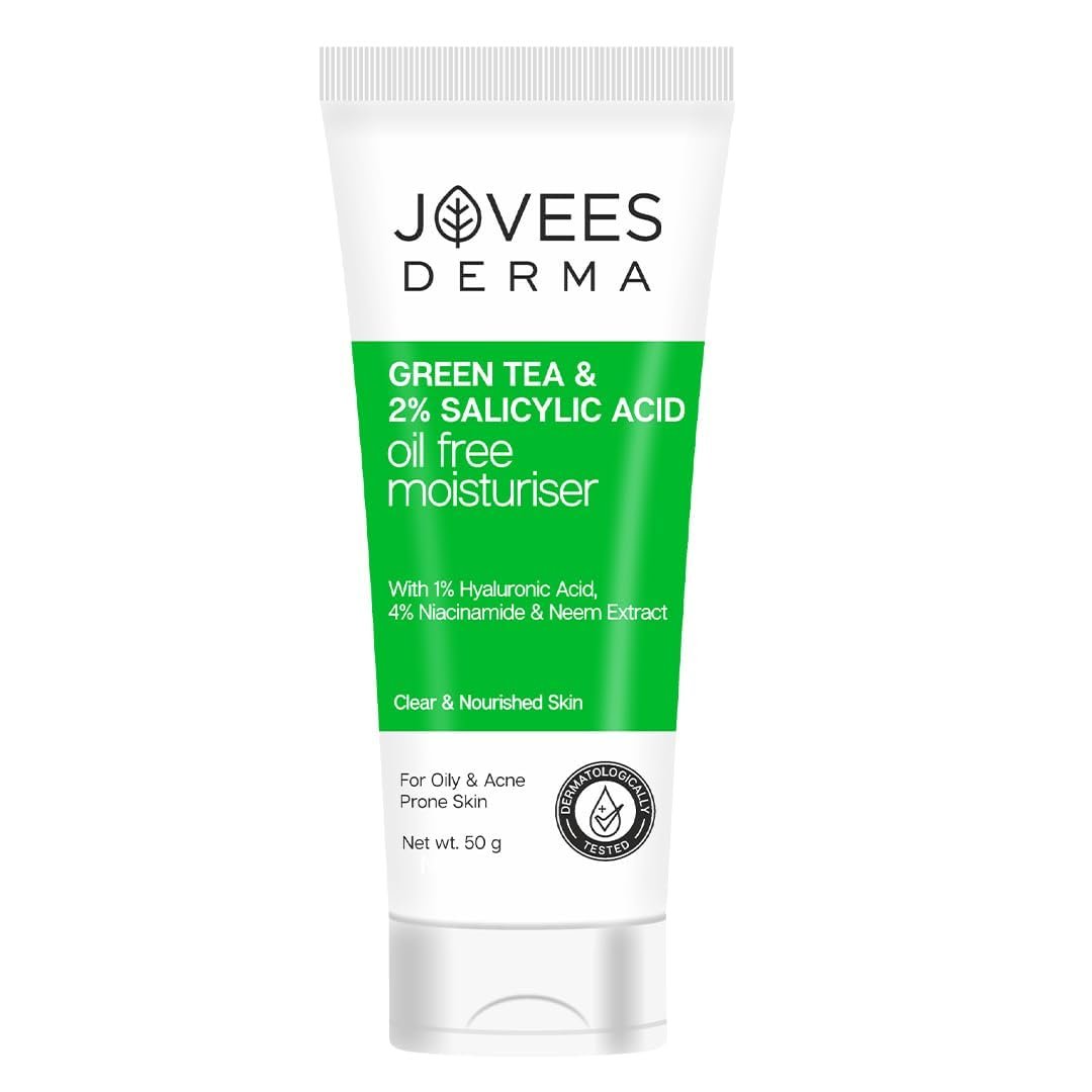 Jovees Derma Green Tea Light Moisturizer | With 1% Hyaluronic & 4% Niacinamide | Fights Pimples & Hydrates | Fades Dark Spots & Brightens Skin | Non-Sticky Moisturizer | 50g