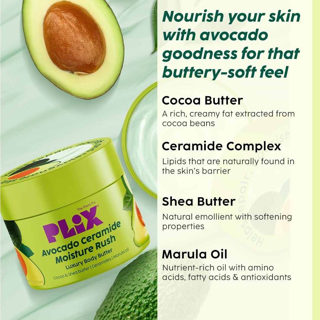 PLIX - THE PLANT FIX Avocado Ceramide Moisture Rush Luxury Body Butter | For Deep Hydration & Silky-soft skin | Cocoa & Shea Butter | For Men & Women| Very Dry to Normal Skin |200g thumbnail