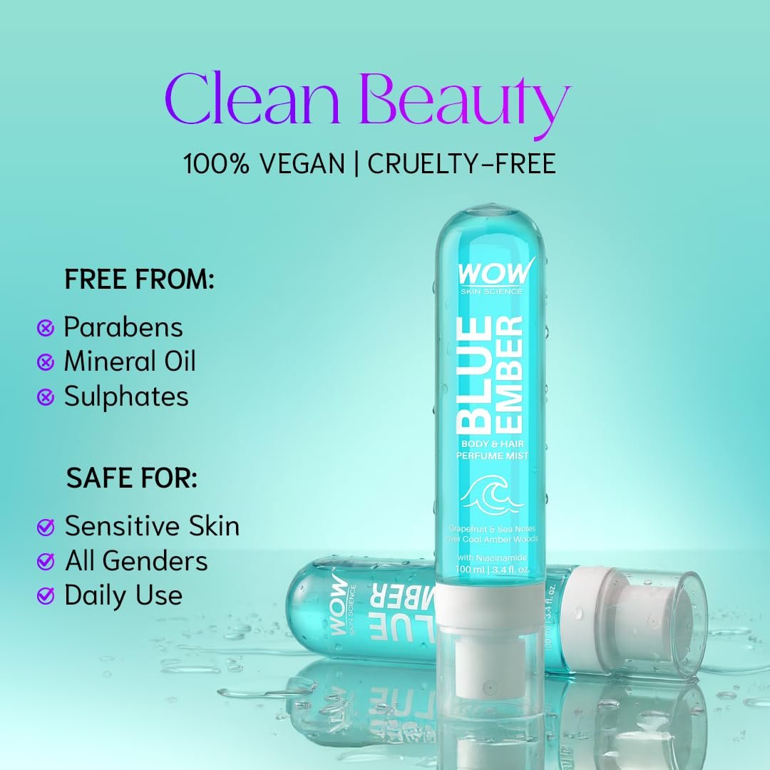 WOW Skin Science Blue Ember Unisex Body & Hair Perfume Mist | Fresh Aquatic Amber Fragrance with Niacinamide | Lightweight, Skin-Close Scent for Men & Women | 100ml thumbnail