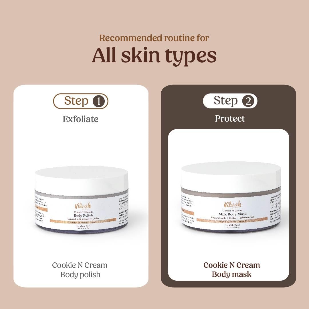 Vilvah Cookie N Cream Body Mask | Tan Removal & Brightening Body Pack | Reduces Pigmentation, Dark Patches & Body Acne | With Almond Milk, Coffee, Niacinamide & Kaolin Clay | 200ml thumbnail