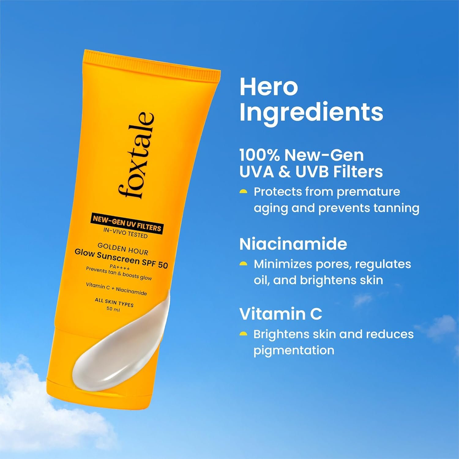 Foxtale Glow Sunscreen SPF 50 PA++++ with Vitamin C & Niacinamide, in-Vivo Tested, Sensitive-Skin Friendly, Made with 100% New-Gen Filters, Lightweight, Non-Greasy, No White Cast |50ml thumbnail