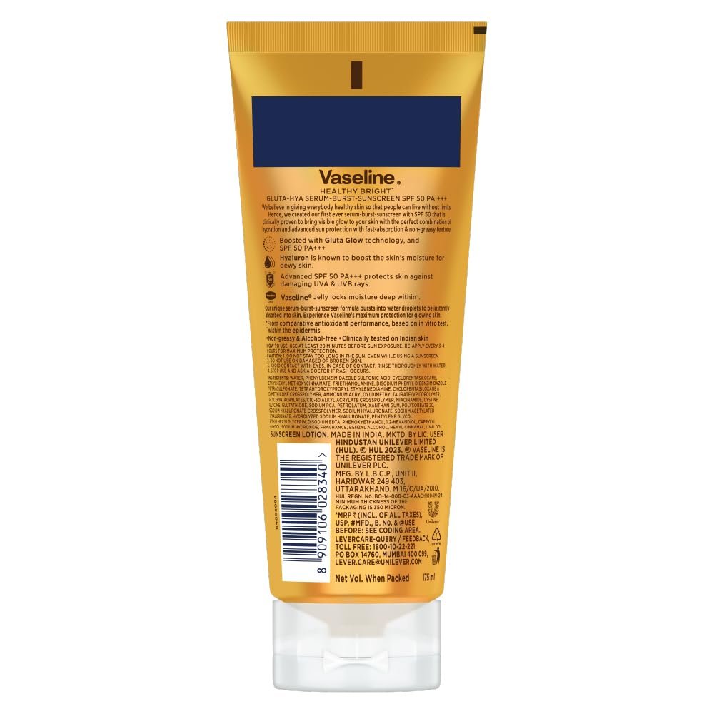 Vaseline Gluta Hya - Antioxidant SPF 50 PA+++ Sunscreen for Face & Body All | Glutathione & Hyaluronic Acid infused Sunscreen 175 ML thumbnail