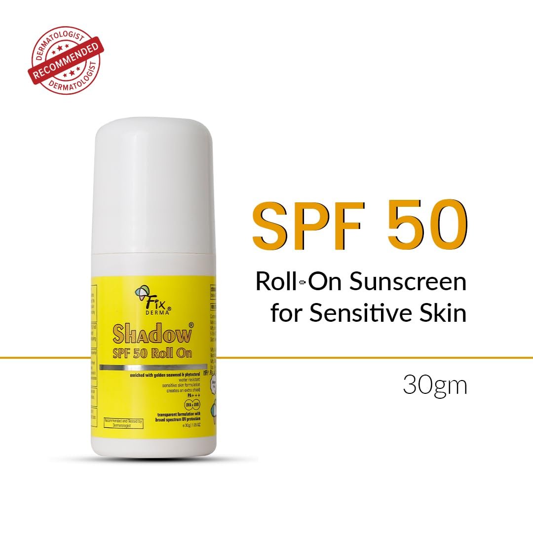 Fixderma Shadow Sunscreen SPF 50 Roll On Pa+++ | Transparent with Broad Spectrum UVA & UVB Protection | Lightweight | Water Resistant | For Sensitive Skin | Sunscreen for Women & Men | 30gm thumbnail