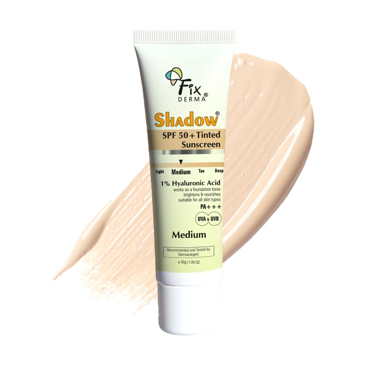 Fixderma Shadow Tinted Sunscreen Medium SPF 50 PA+++ | 1% Hyaluronic Acid & Vitamin E | Brightens & Nourishes the Skin | UVA & UVB Protection | Lightweight | No White Cast | - 30gm