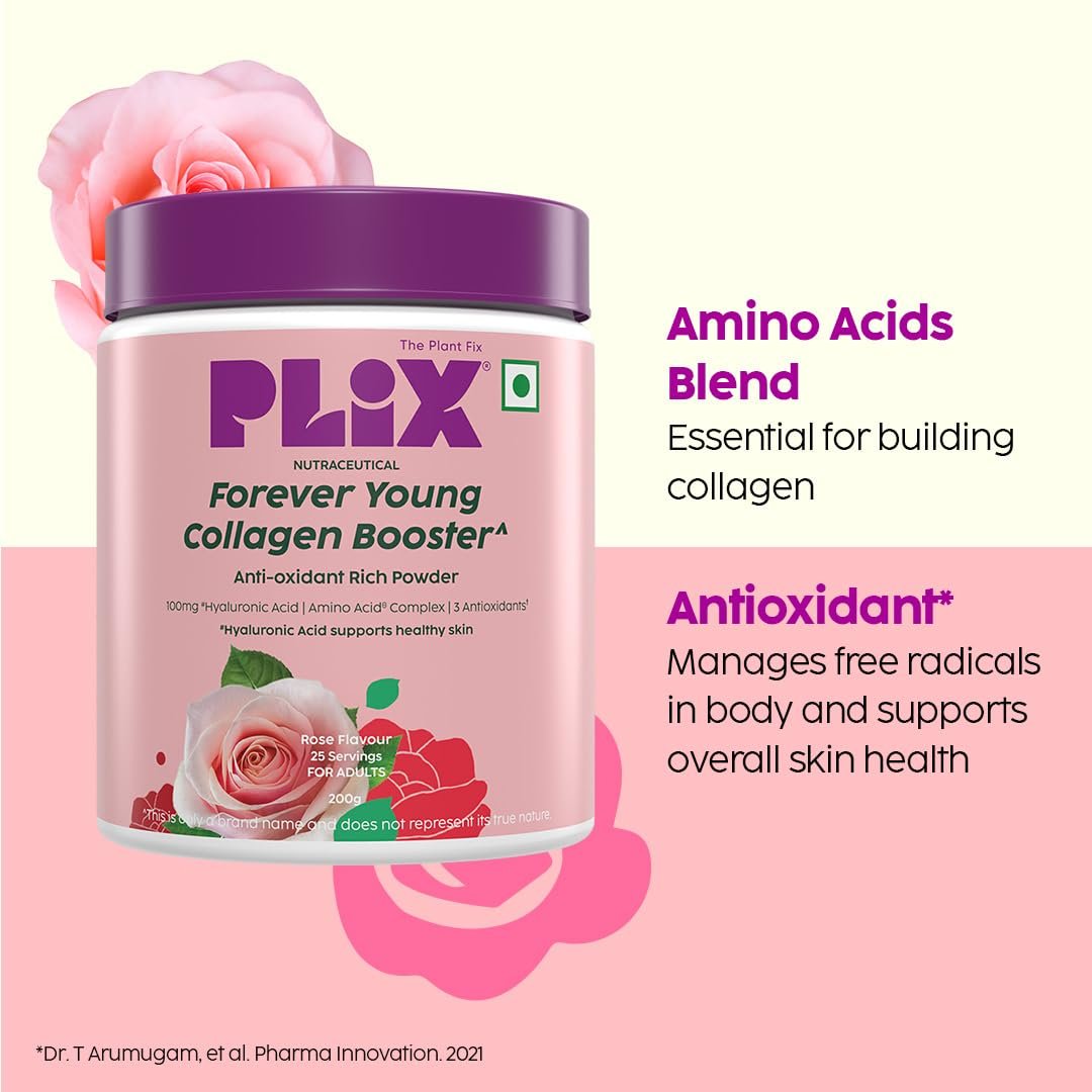 PLIX – THE PLANT FIX | Collagen Booster Powder to Support Healthy Skin | Supports Collagen Production, Antioxidants & Skin Health | Vitamin C, Hyaluronic Acid, Rose (200 g) thumbnail