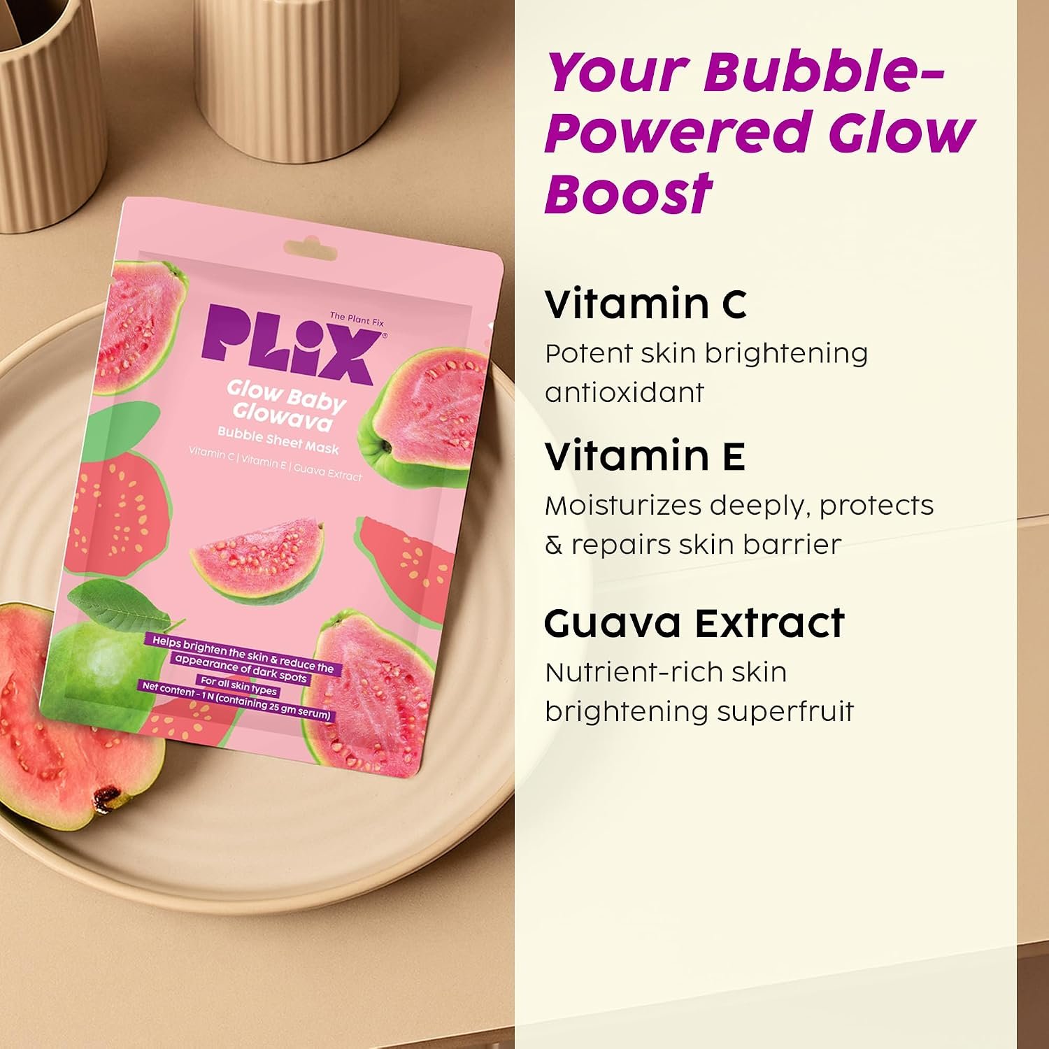 PLIX – THE PLANT FIX Glow, Baby, Glowava Bubble Sheet Mask | Brightening, Hydrating & Pore-Cleansing Care | Vitamin C, Vitamin E & Guava Extract | Fun Bubble Detox thumbnail