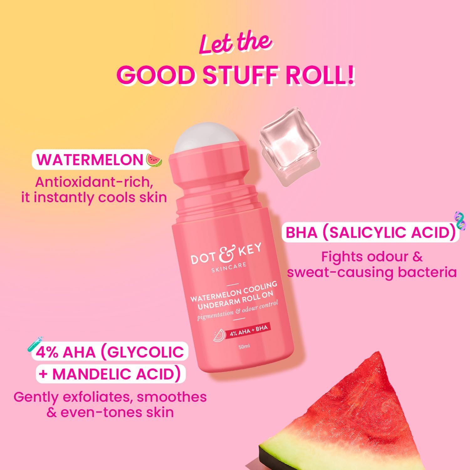 Dot & Key Watermelon Cooling Underarm Roll On | Odour & Sweat Controls | 4% AHA + BHA | Fresh Aqua Fragrance | Gently Exfoliates & Smooths Skin | For Men & Women | 50ml thumbnail