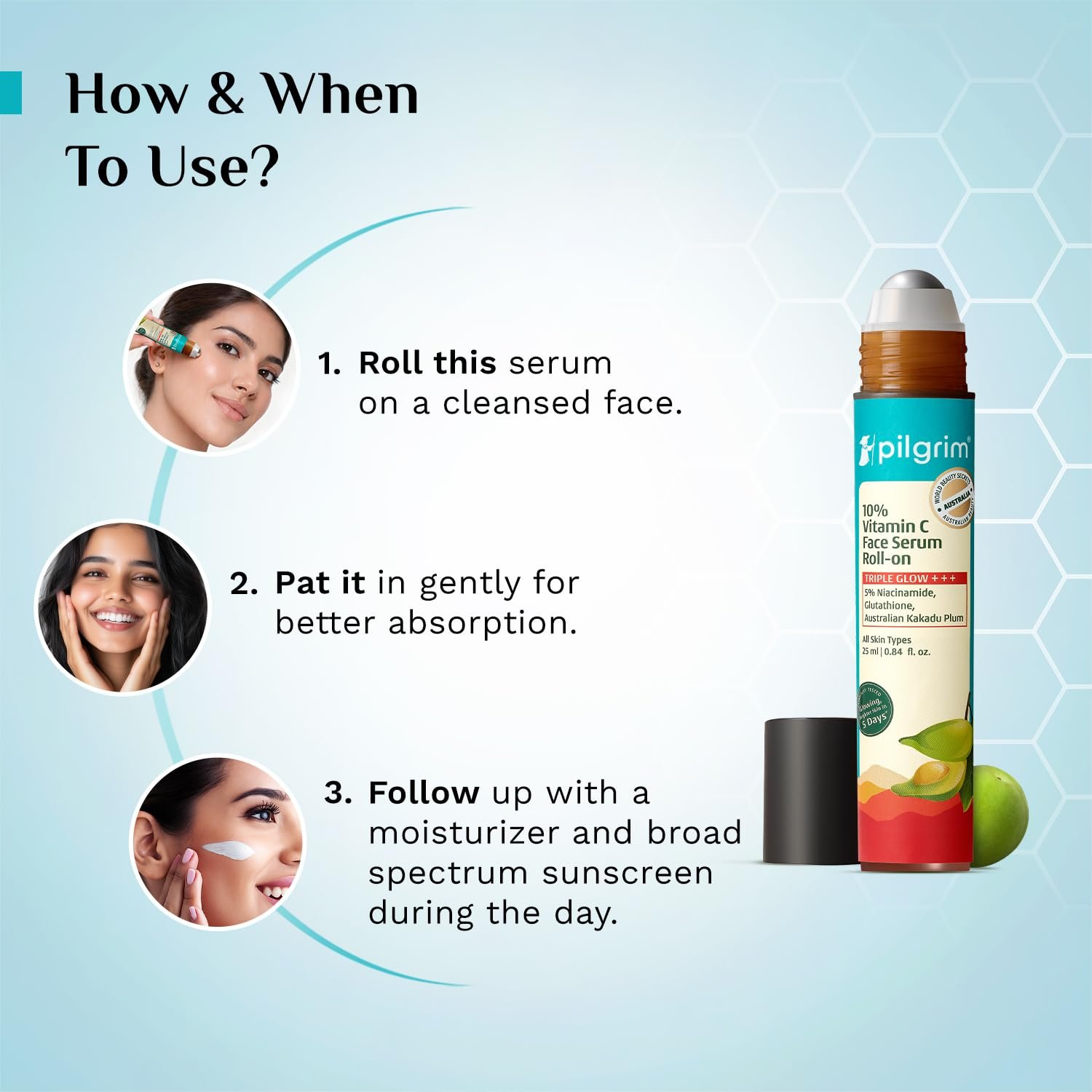 Pilgrim 10% Vitamin C Face Serum Roll On for Bright & Glowing Skin 25 ML 5% Niacinamide & Glutathione, Brightening, Fades Dark Spots & Evens, Dullness, Sensitive Skin Safe, Oil Free, All Ski thumbnail