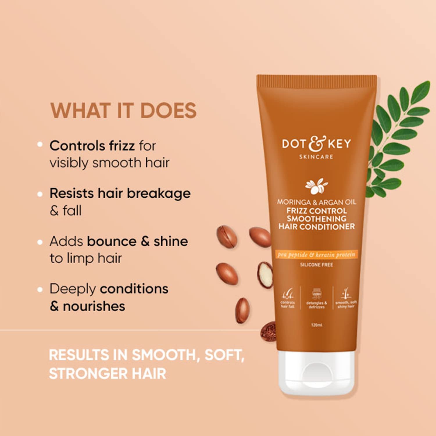 Dot & Key Moringa & Argan Oil Fizz Control Smoothening Hair Conditioner | Fall Control for Dry Hair | Sulphate Free | Strong & Smooth | For Women & Men | 120 Millilitre thumbnail
