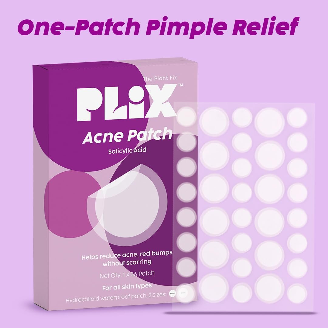 PLIX The Plant Fix Acne Patches | 0.5% Salicylic Acid + 100% Hydrocolloid | Transparent, Ultra-Thin & Waterproof Pimple Patches | 2 Sizes for Acne-Prone Skin | 36 Patches thumbnail