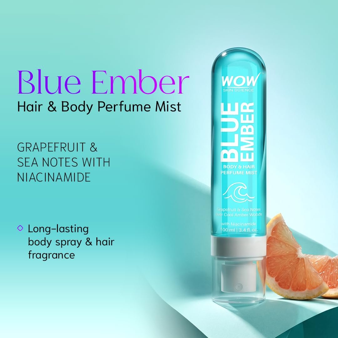 WOW Skin Science Blue Ember Unisex Body & Hair Perfume Mist | Fresh Aquatic Amber Fragrance with Niacinamide | Lightweight, Skin-Close Scent for Men & Women | 100ml thumbnail