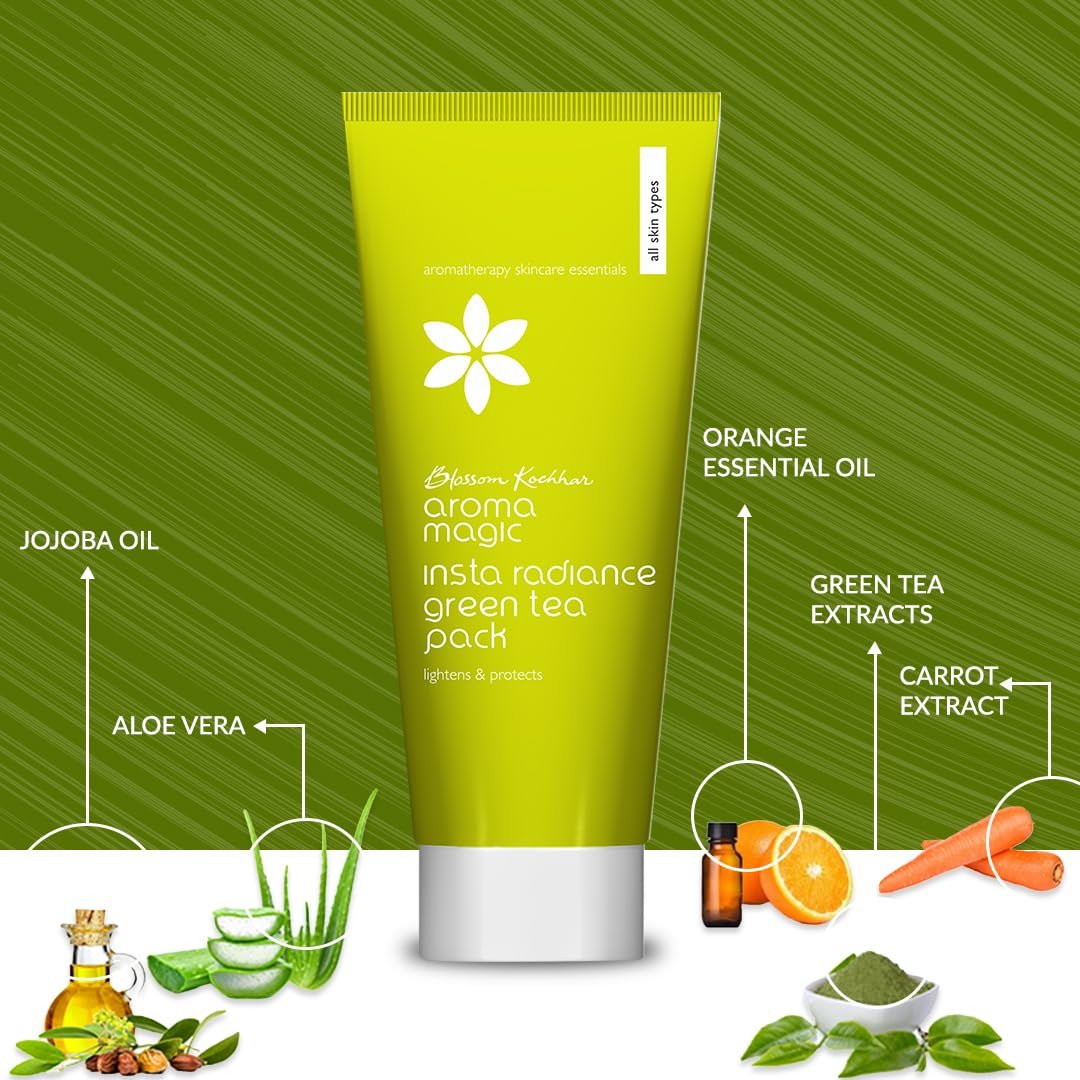Aroma Magic INSTA Radiance Green Tea Pack orange & lemon Essential Oils | Blend of fruit enzymes | For Lighten Blemishes| Hydrates & Protect | for Men & Women | ALL Skin Types | 100gm thumbnail
