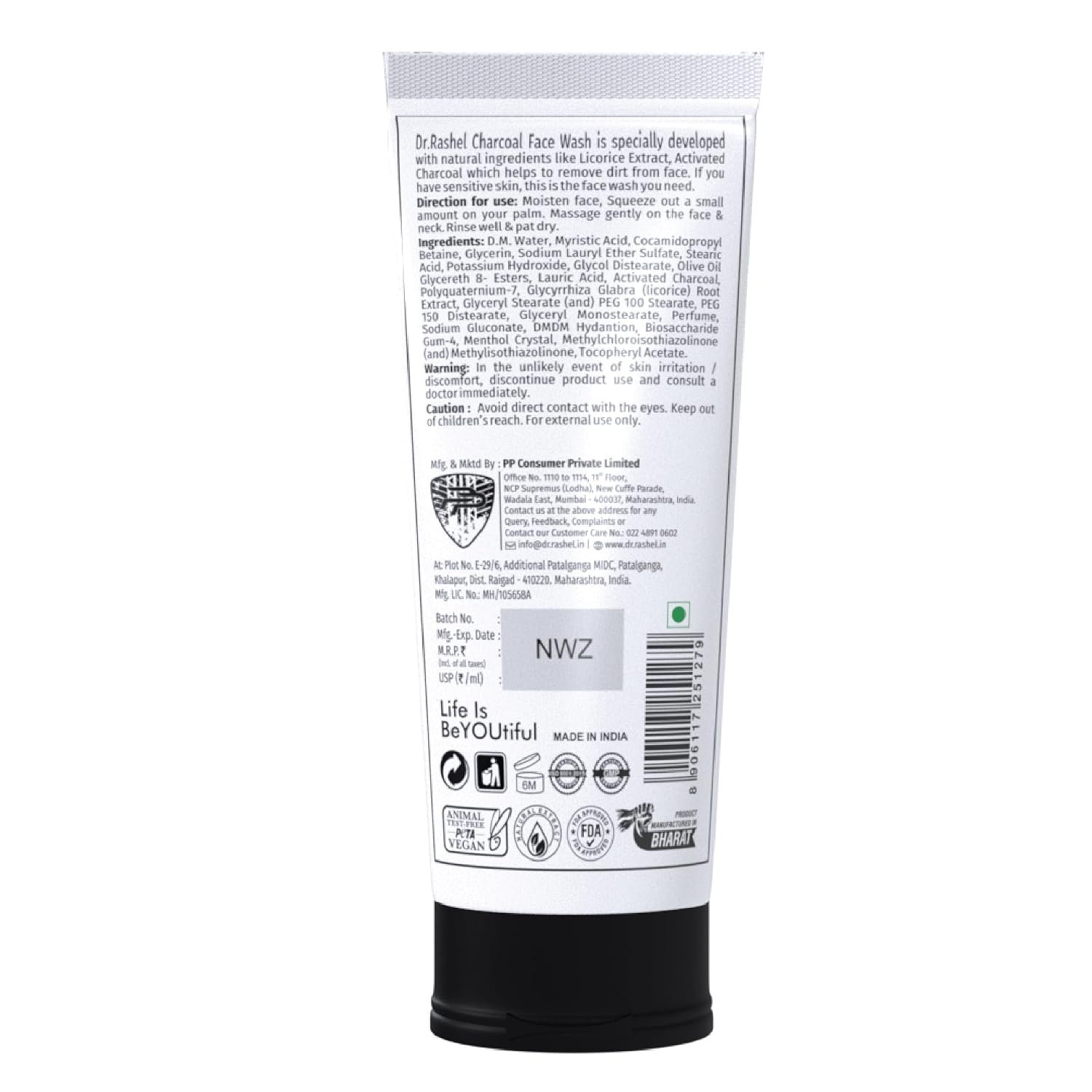 DR.RASHEL Charcoal Face Wash Deep Cleansing & Anti-Polltion with Active Cool with No Parabens, SLS, Silicones & Colour (100 ml) thumbnail
