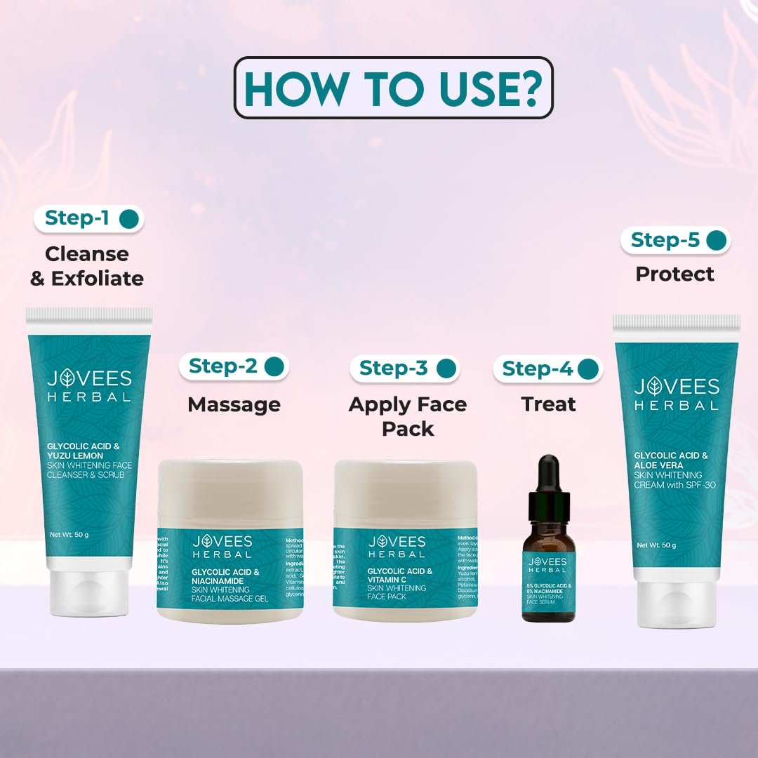 Jovees Herbal Glycolic Acid & Niacinamide Whitening Facial Kit For Brighter & Hydrated Skin | Kit for Improves Uneven Skin Tone, Dark Spots & Dullness 215g (Multiple Use) thumbnail