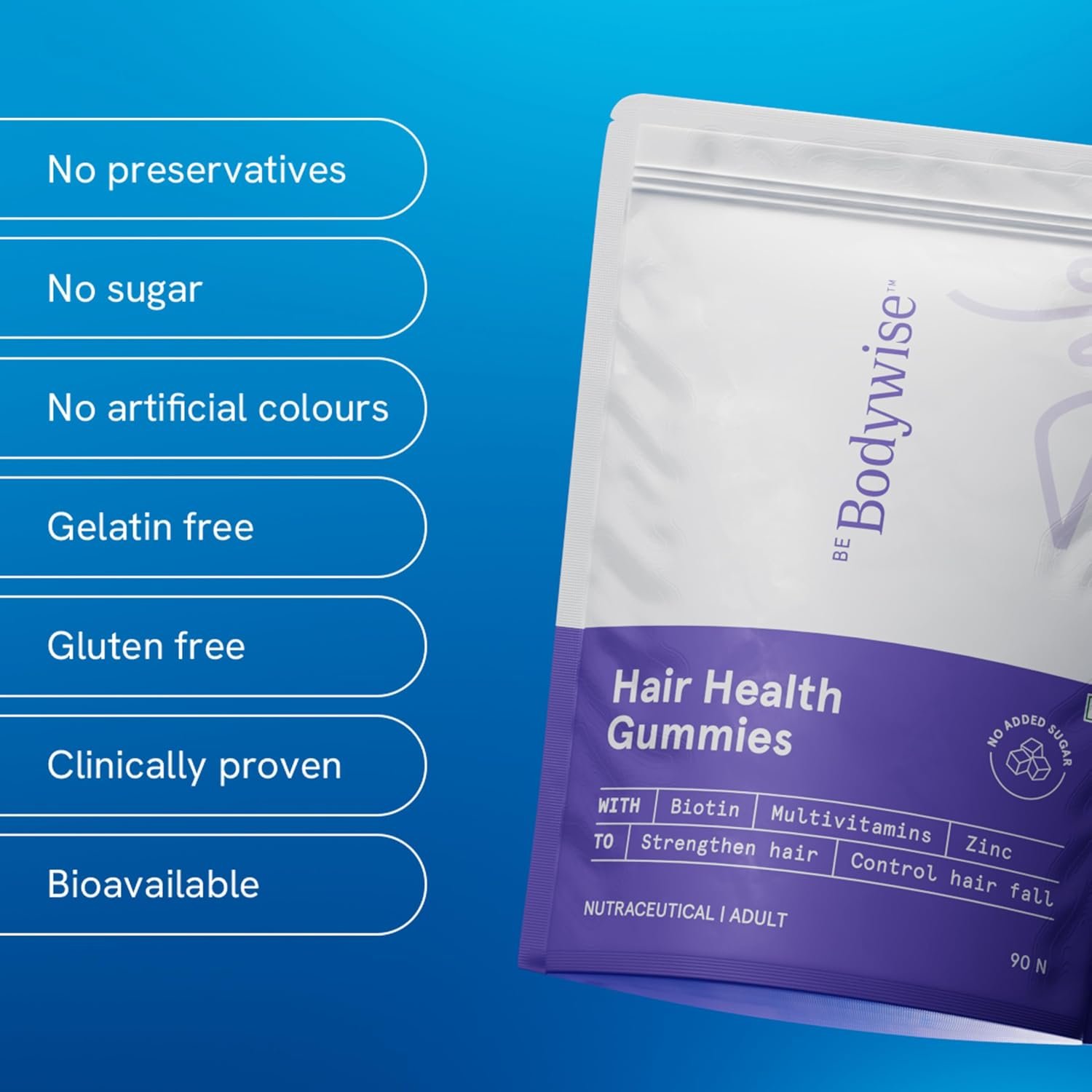 Be Bodywise Biotin Hair Gummies for Stronger, Shinier Hair & Nails | 90 Day Pack | High Potency Biotin, Zinc, Folic Acid, Fibre & Multivitamins | Strawberry Flavour | No Added Refined Sugar, thumbnail