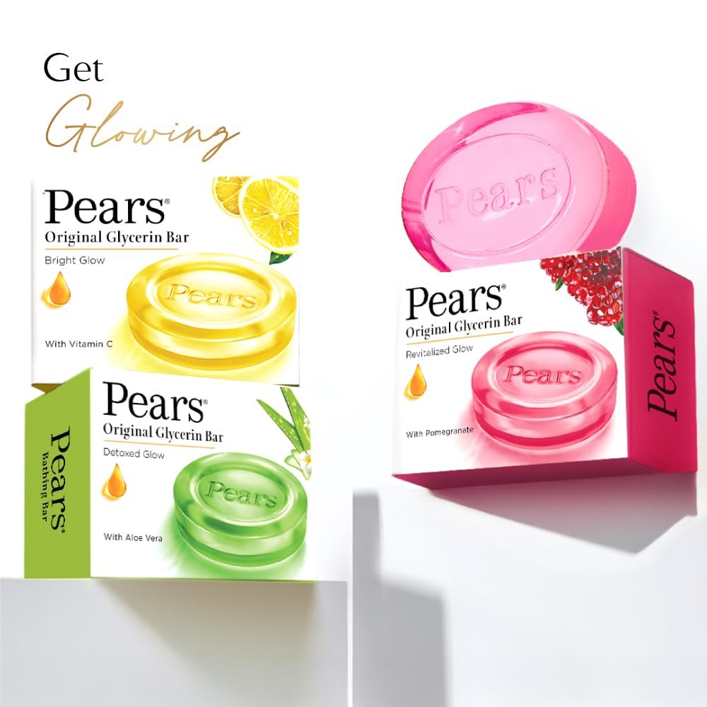Pears Original Glycerin Soap Bar - Revitalized Glow | With 98% Pure Glycerin & Pomegranate | With Plant Based Cleanser for Skin & Body | Paraben-free | 125gms x 4 thumbnail