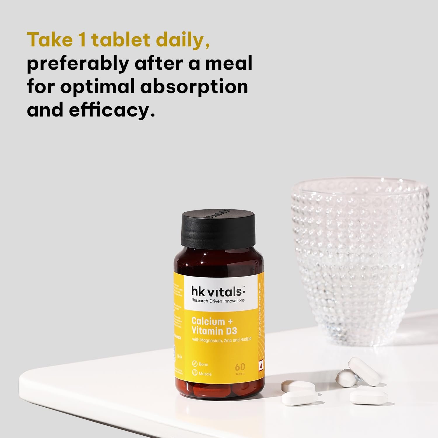 hk vitals Calcium + Vitamin D3 Supplement, 60 Tablets With Magnesium & Zinc | Supports Strong Bones & Joint Health thumbnail