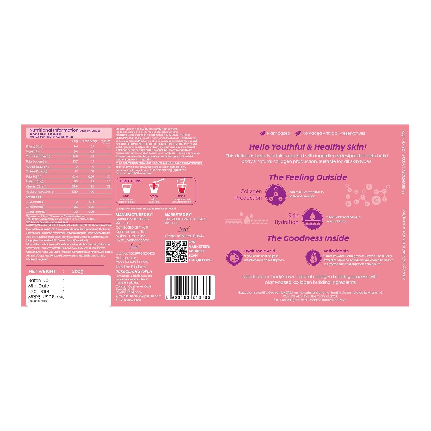 PLIX – THE PLANT FIX | Collagen Booster Powder to Support Healthy Skin | Supports Collagen Production, Antioxidants & Skin Health | Vitamin C, Hyaluronic Acid, Watermelon (200 g) thumbnail
