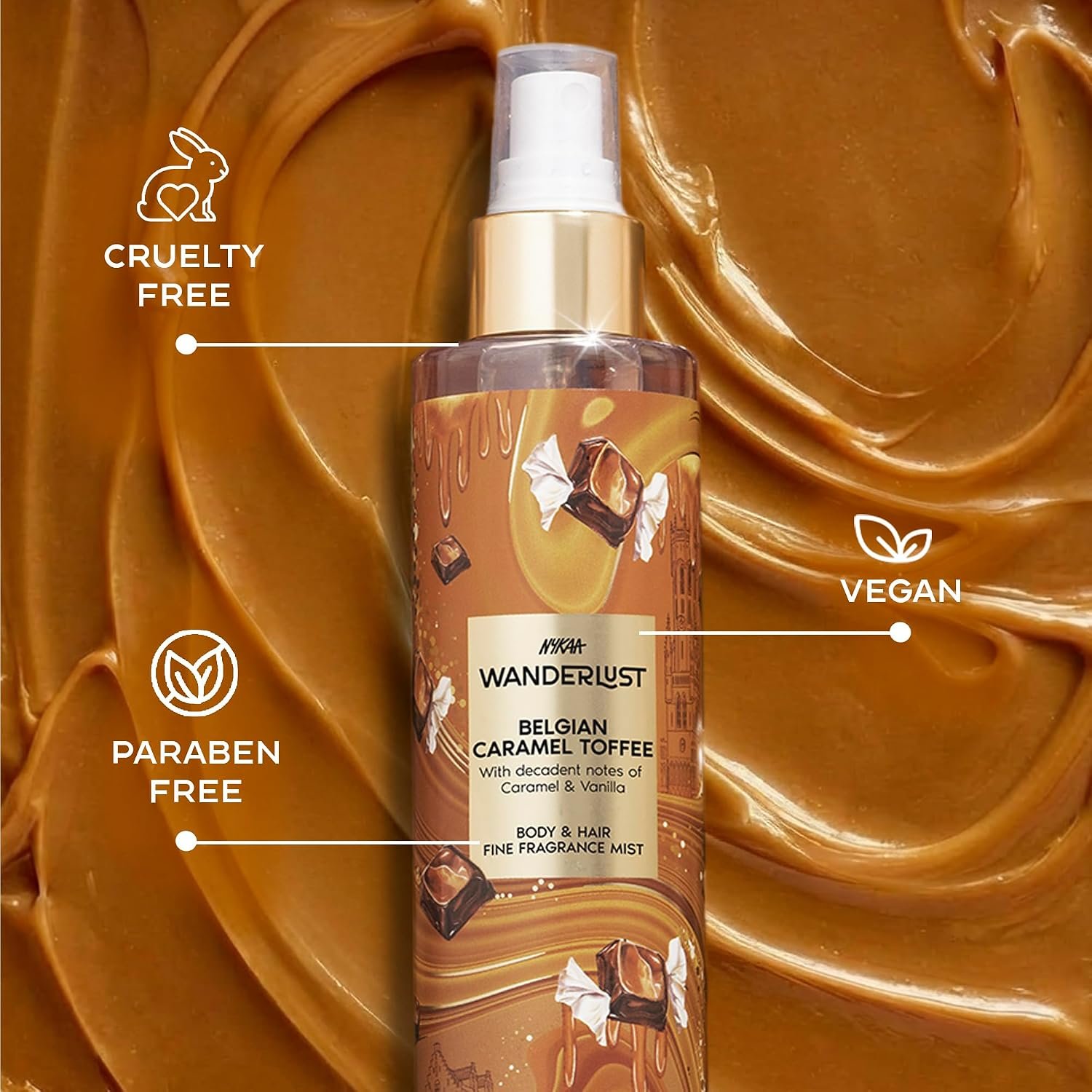 Nykaa Wanderlust Belgian Caramel Toffee Perfume Body & Hair Mist, Notes of Caramel & Vanilla, 8 Hrs Long-Lasting Everday Fragrance, 200 ml thumbnail
