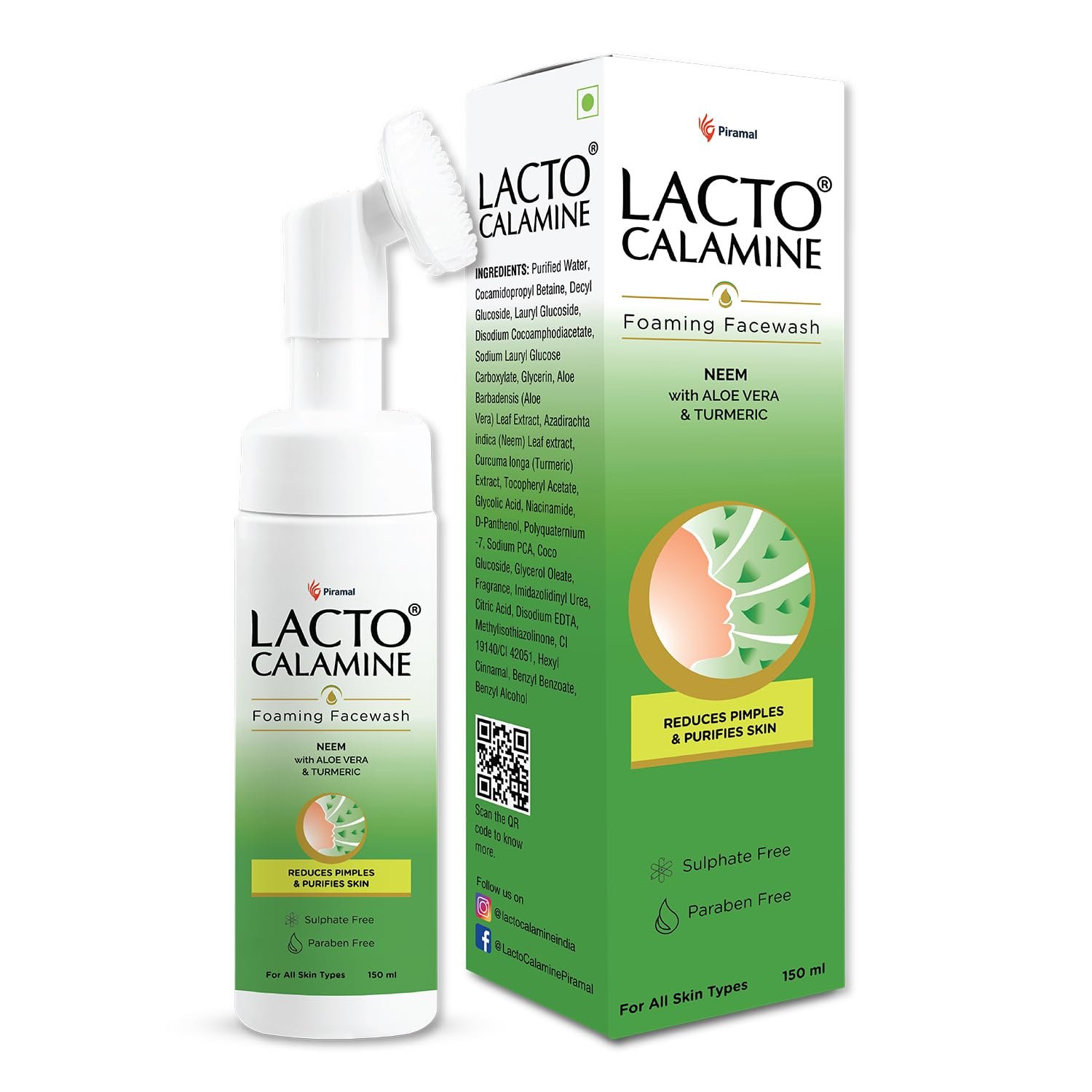 Lacto Calamine Neem Aloe Turmeric Foaming Face wash| Reduces pimples| Purifies skin| With Built-in foaming Brush| 150 ml